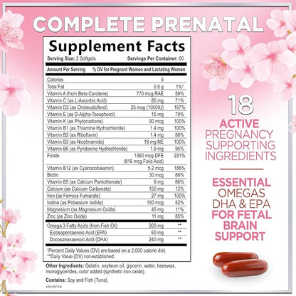 Women's Prenatal Multivitamin with Folic Acid + DHA, Essential Prenatal Vitamins with Folate, Omega 3, Vitamin D3, B6, B12 & Iron, Pregnancy Support Supplement for Mom and Baby - 120 Softgels