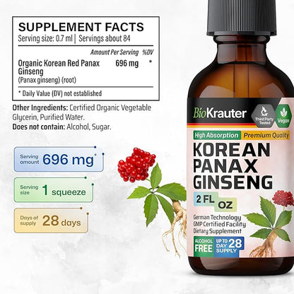 BIO KRAUTER Panax Ginseng Extract Liquid - Korean Red Ginseng Supplement Alcohol Free - Immune Support - Vegan, Sugar Free - 2 Fl.Oz.
