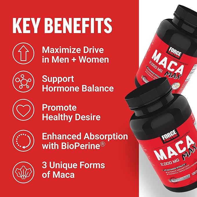 Force Factor Maca Max, Maca Root Capsules to Maximize Vitality & Performance, Made with Black Maca, Red Maca, & Yellow Maca Powder, Maca Root Powder, 2000mg, 120 Capsules