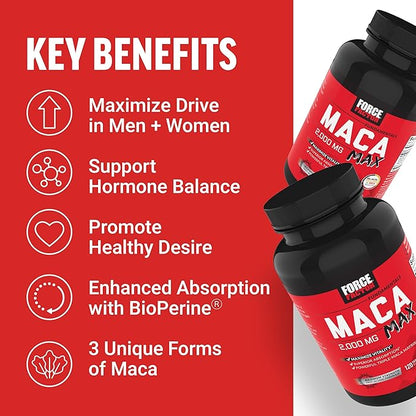 Force Factor Maca Max, Maca Root Capsules to Maximize Vitality & Performance, Made with Black Maca, Red Maca, & Yellow Maca Powder, Maca Root Powder, 2000mg, 120 Capsules