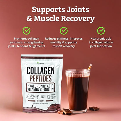 Chocolate Collagen Powder. Collagen with Hyaluronic Acid and Vitamin C. Chocolate Collagen Peptides Powder Chocolate. Collagen with Vitamin C & Biotin for Hair, Skin, Nails, Joint. Keto, Type 1 and 3.