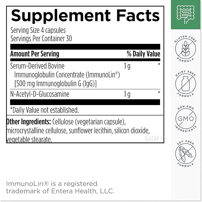 Designs for Health IgGI Shield - Gut Health & Immune Support Powder with Dairy-Free ImmunoLin Immunoglobulin and NAG - Help Bind & Remove Toxins and Fortify the Intestinal Barrier (120 Capsules)