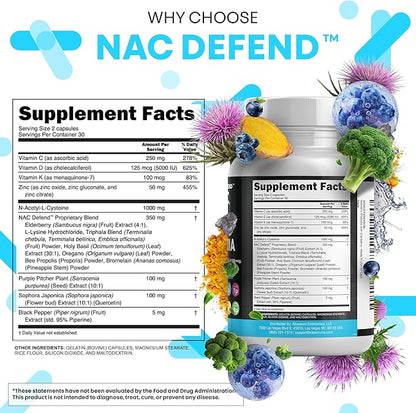 NAC Supplement N-Acetyl Cysteine Vitamin D3 K2 Zinc Quercetin Sarracenia Purpurea Immune Support | Elderberry Holy Basil Bee Propolis Bromelain L-Lysine Capsules Supplements For Women Men Adults