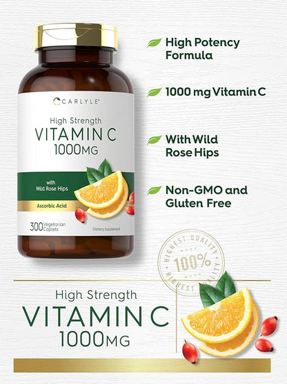 Carlyle Vitamin C 1000mg | 300 Vegetarian Caplets | Ascorbic Acid with Wild Rose HIPS | High Strength Formula | Non-GMO and Gluten Free Supplement