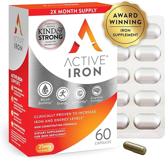 Active Iron Supplement, 25mg (60 Capsules) Non-Constipating and Gentle for Women & Men, Highly Absorbed, Clinically Proven to Increase Iron & Energy Levels