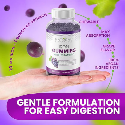 Iron Gummies with Vitamin C - Chewable Iron Supplement for Iron Deficiency Anemia, Red Blood Cell Support, Energy, Immune Function, Brain Health, Max Absorption, Grape Flavor, 180 Vegan Gummies