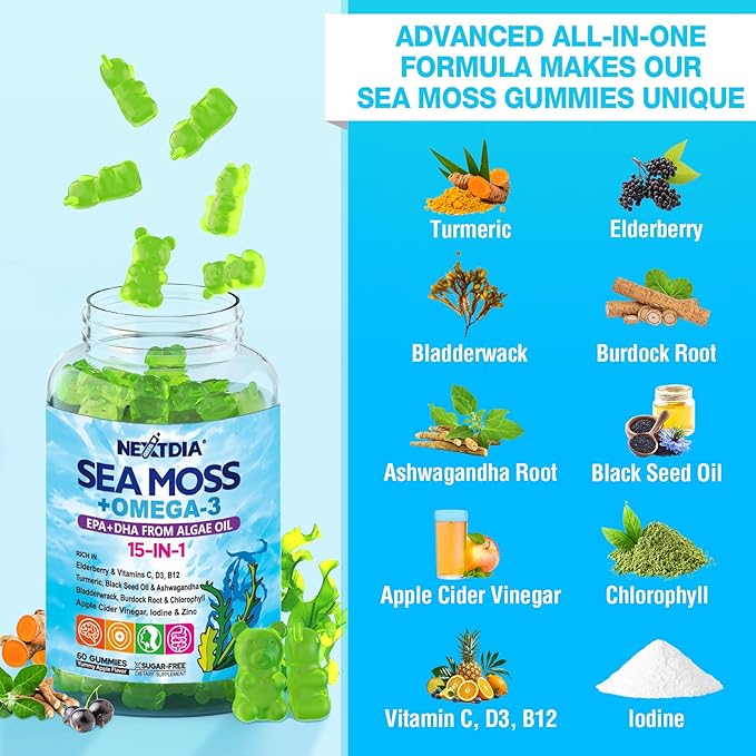 Sea Moss Gummies + Omega-3 (Made in USA) Vegan for Man Women, Organic Irish Seamoss Supplement w/Ashwagandha, Turmeric, Vitamins D3 B12 C, Burdock Root, Bladderwrack, for Brain, Energy, Immunty, 60Cts