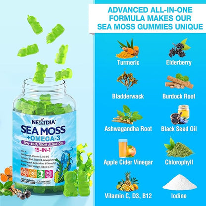 Sea Moss Gummies + Omega-3 (Made in USA) Vegan for Man Women, Organic Irish Seamoss Supplement w/Ashwagandha, Turmeric, Vitamins D3 B12 C, Burdock Root, Bladderwrack, for Brain, Energy, Immunty, 60Cts