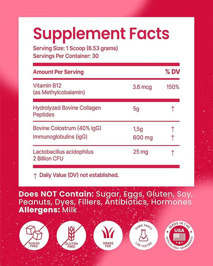 Bovine Colostrum and Collagen Powder | Hair Growth, Beauty, Skin & Nail Supplement | Gut Health, Immune Support | Probiotics | 40% IgG, Unflavored, Grass-Fed, Hydrolyzed, Gluten-Free, 30 Servings