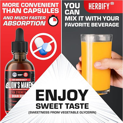 HERBIFY Lions Mane Supplement - Daily Mushroom Supplement for Memory, Focus & Clarity - Brain Booster - Lions Mane Tincture for Immune Support - 4 Fl oz Strawberry Flavor
