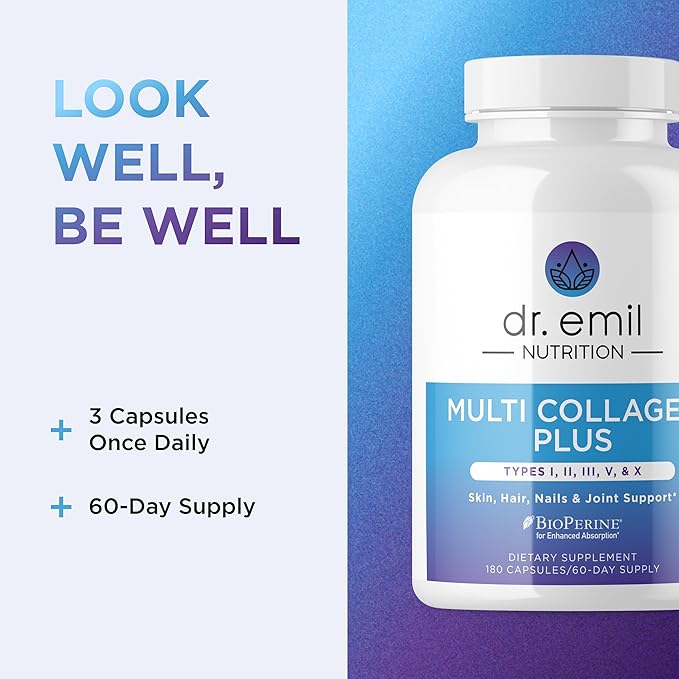 DR. EMIL NUTRITION Multi Collagen Pills - 180 Capsules - Collagen Supplements to Support Hair, Skin, Nails, & Joints - Hydrolyzed Collagen Supplements for Women with Types I, II, III, V & X