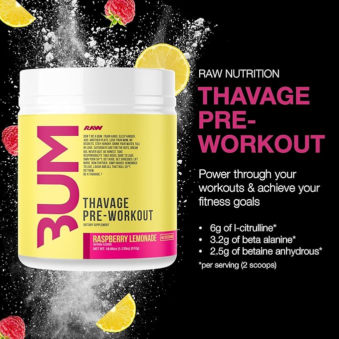 RAW Pre Workout Powder, Thavage (Raspberry Lemonade) - Chris Bumstead Sports Nutrition Supplement for Men & Women - Cbum Pre Workout for Working Out, Hydration, Mental Focus & Energy - 40 Servings