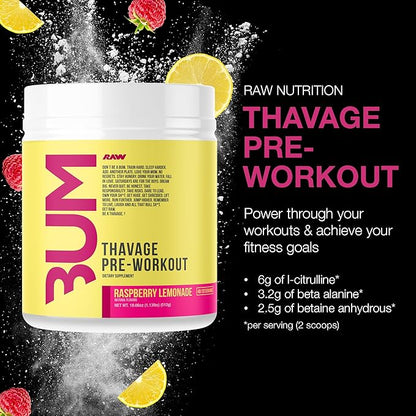 RAW Pre Workout Powder, Thavage (Raspberry Lemonade) - Chris Bumstead Sports Nutrition Supplement for Men & Women - Cbum Pre Workout for Working Out, Hydration, Mental Focus & Energy - 40 Servings