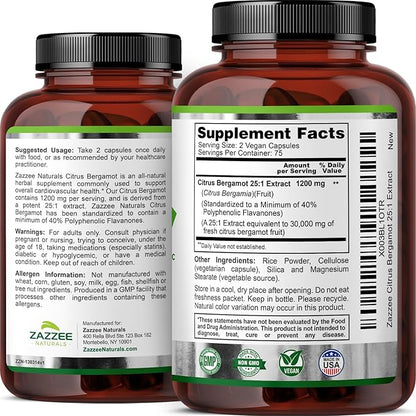 Zazzee Extra Strength Citrus Bergamot 25:1 Extract, 1200 mg per, 40% Polyphenolic Flavanones, 150 Vegan Capsules, Concentrated and Standardized 25X Potency, Non-GMO and All-Natural, Made in The USA