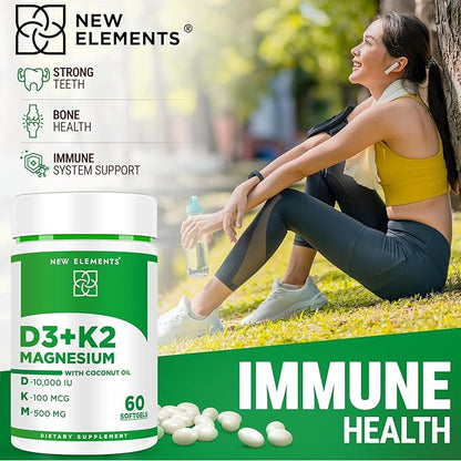 Vitamin D3 K2 10000iu with Magnesium Glycinate 500mg - Bone Health, Immune Support, Energy & Mood - Non-GMO, Gluten-Free, Sugar-Free Softgels for Women & Men