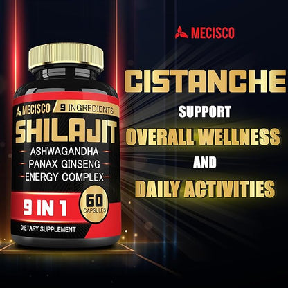 Shilajit Supplement with Ashwagandha Root, Panax Ginseng, L-Arginine, Chaga & More - Shilajit Pure Himalayan Organic - Immune System, Energy Production, Stamina & Comfortable Mood - 60 Capsules