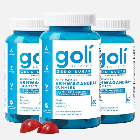 Goli Zero Sugar Ashwagandha & Vitamin D, Maca, L-Theanine Gummies, No Artificial Sweeteners, No Sugar Alcohols. Mixed Berry, KSM-66, Vegan, Plant Based, Non-GMO, Gluten-Free & Gelatin Free. (3)