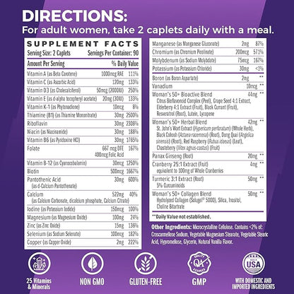 Vitamin World Ultra 360 Multivitamin for Women 50 Plus, Women's 50+ Multivitamin with Minerals & Herbs for Menopause Support, Supplement with Vitamin B, D, E & Zinc for Healthy Aging, 180 Caplets