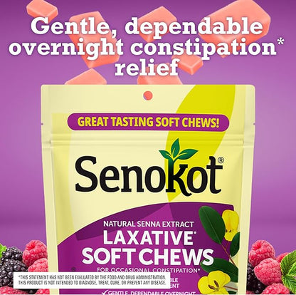 Senokot Laxative Soft Chews, Overnight Constipation Relief with Senna Extract, 42 Mixed Berry Chews
