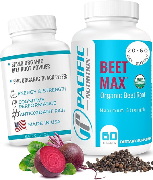 Beet Root Powder Supplement, 60 Tablets - 675mg Organic Beet Powder for Stamina & Energy Support, Brain Health Boost & Normal Blood Pressure Support - Made in The USA - Beet Max