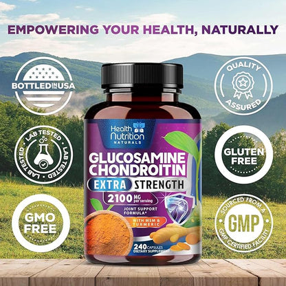 Glucosamine Chondroitin MSM Complex - 2100mg Joint Support Supplement with Turmeric & Boswellia - Quercetin for Joints, Bones, Knees & Mobility - Triple Strength Glucosamine Sulfate - 240 Capsules