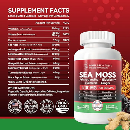 All-in-1 Irish Sea Moss Pills with Ashwagandha, Ginkgo Biloba, Turmeric & Vitamin C for Energy, Focus & Immune Support - 60ct Sea Moss Pills