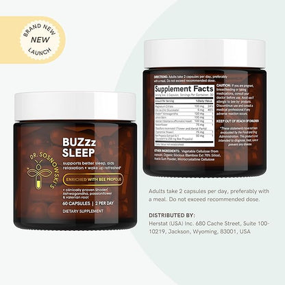 Dr Sosnowski's BUZzz Sleep Support with Bee Propolis Triple Action Sleep Formula for Calmer Nights and Refreshing Mornings, Vegetable Capsules, 60ct