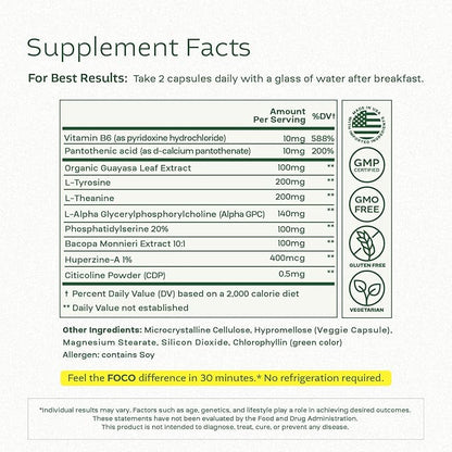 Think FOCO Capsules (13+) Natural Focus Supplement for Teens & Adults - Brain Nootropic for Concentration, Memory, Mental Clarity, Cognitive Enhancement Vitamins - Attention Supplements - 60 Capsules