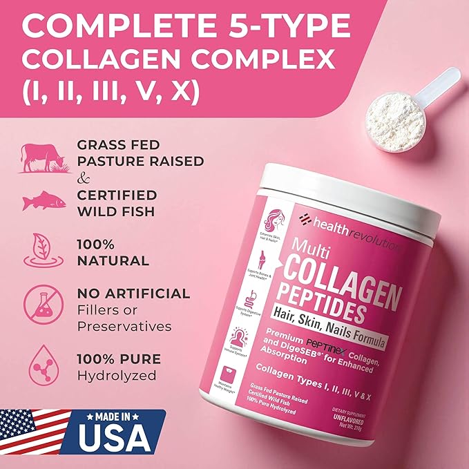Multi Collagen Protein Powder, Type I, II, III, V, X - 5 Hydrolyzed Collagen Peptides, Skin, Hair, Nails & Joints, Triple Refined for Easy Mixing, 99% Absorption Rate, Non-GMO, Gluten-Free, Unflavored