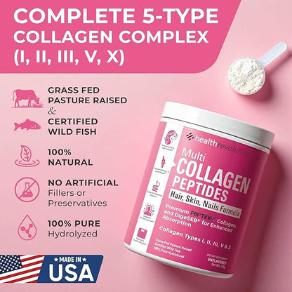 Multi Collagen Protein Powder, Type I, II, III, V, X - 5 Hydrolyzed Collagen Peptides, Skin, Hair, Nails & Joints, Triple Refined for Easy Mixing, 99% Absorption Rate, Non-GMO, Gluten-Free, Unflavored