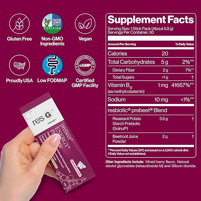 resG prebeet Prebiotic - Fiber Digestion Supplement, Drinkable GLP-1, Powder Packets for Women & Men, On The Go Gut Health Drink Mix, Gluten Free, Sugar Free - 30 Stick Packs