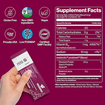resG prebeet Prebiotic - Fiber Digestion Supplement, Drinkable GLP-1, Powder Packets for Women & Men, On The Go Gut Health Drink Mix, Gluten Free, Sugar Free - 30 Stick Packs