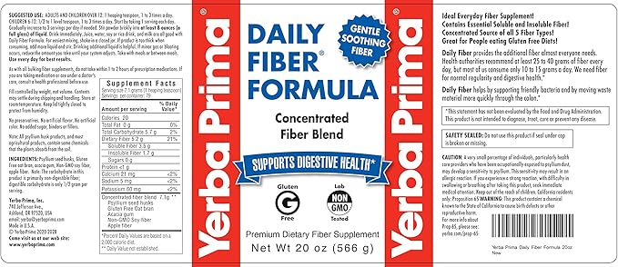 Yerba Prima Daily Fiber Formula - 20 oz Powder - Unflavored, Concentrated Blend of Soluble/Insoluble, Psyllium Seed Husks, Acacia Gum, Apple Fiber for Bulk - Dietary Bulking Supplement - Regularity