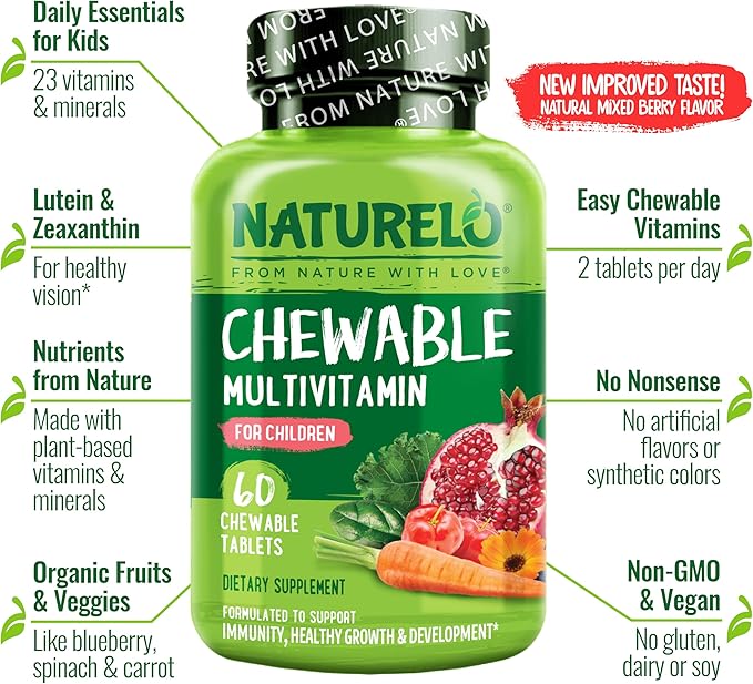 NATURELO Chewable Vitamin for Kids – Multivitamin with Whole Food Organic Fruit Blend - 60 Tablets for Children (Pack of 2)