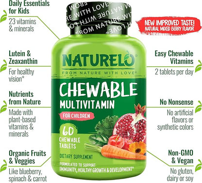 NATURELO Chewable Vitamin for Kids – Multivitamin with Whole Food Organic Fruit Blend - 60 Tablets for Children (Pack of 2)