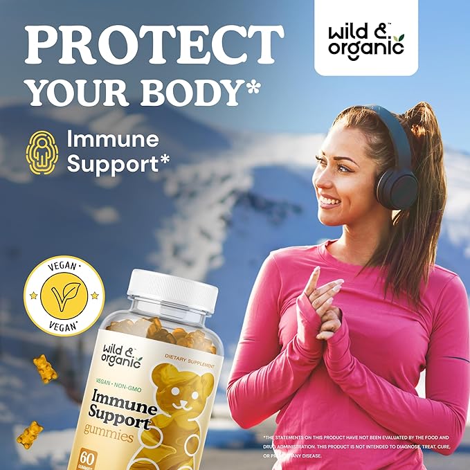 Wild & Organic Immune Support Gummies - Elderberry 1000mg & Vitamin C 500mg - Natural Immune Support Supplement - Vegan Immunity Gummies with Vitamin C D Zinc - 60 Count
