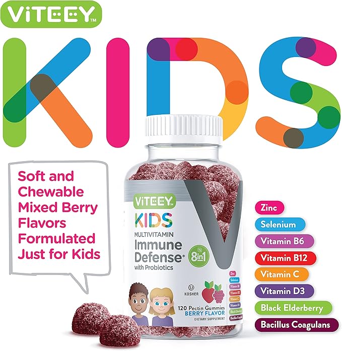 Viteey Kids Multivitamin Gummies with Probiotics - 8-1 Kids Vitamins for Immune Health Support with Vitamin C, D3, B12, B6, Zinc, Elderberry, Selenium - Vegetarian - Chewable Tasty Berry Flavored