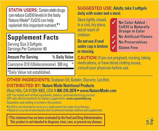 Nature Made CoQ10 300mg per 3 Softgels, Heart Health & Antioxidant Support, 120 Softgels, 40 Day Supply