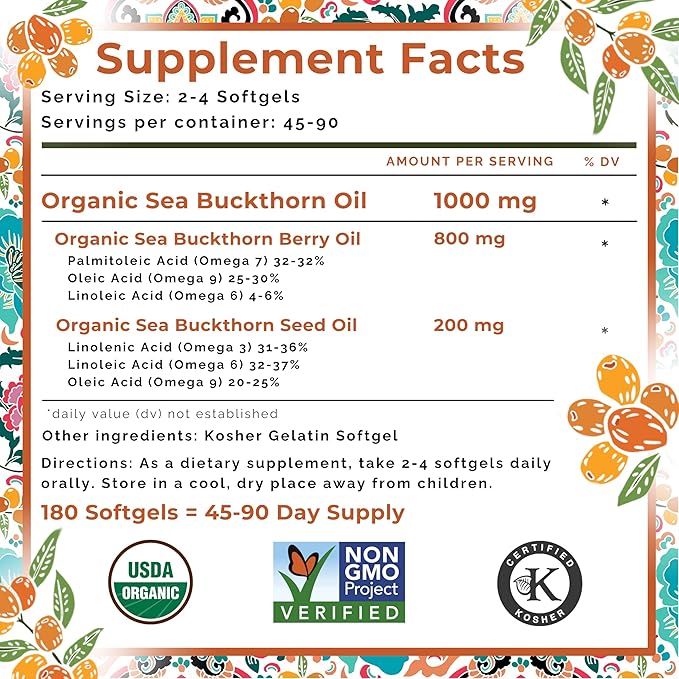 Organic Sea Buckthorn Oil, Omega-7 Complete Softgels, 180 Count, with Omega 3, 6 & 9, Supports Hair, Skin & Nail Health, 1000mg per Serving