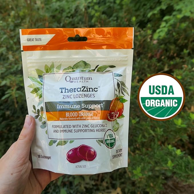 Quantum Health TheraZinc USDA Organic Blood Orange Zinc Lozenges For Adults and Kids, For Immune System Support, Individually Wrapped & Bagged, 18 Ct.