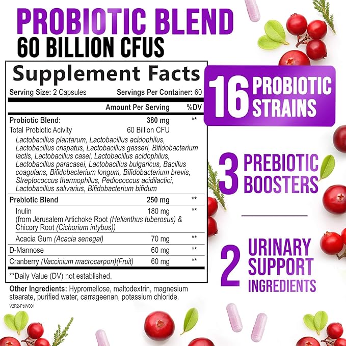 Probiotics for Women 60 Billion CFU - 16 Strains, Digestive Health, Vaginal pH & Immune Support, Prebiotics & Cranberry, Gut Health & Urinary Support, Shelf Stable Women's Probiotic - 120 Capsules
