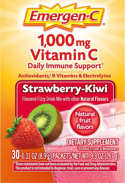 Emergen-C 1000mg Vitamin C Powder, with Antioxidants, B Vitamins and Electrolytes, Vitamin C Supplements for Immune Support, Caffeine Free Fizzy Drink Mix, Strawberry Kiwi Flavor - 30 Count
