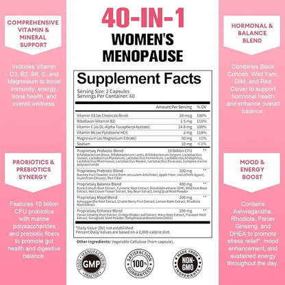 40-in-1 Menopause Supplements for Women, Multibenefit & Complete Black Cohosh for Hot Flashes, Night Sweats & Hormone Balance, w/ Probiotics, DIM, Vitex, Dong Quai, Red Clover and More, 120 Vegan Caps