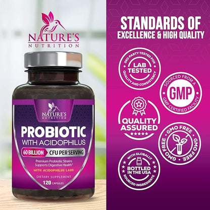 Probiotics 60 Billion CFU per Serving - 10 Strains + Prebiotics - Immune, Digestive & Gut Health Support, Supports Occasional Constipation, Gas & Bloating for Women & Men, Shelf Stable - 120 Capsules