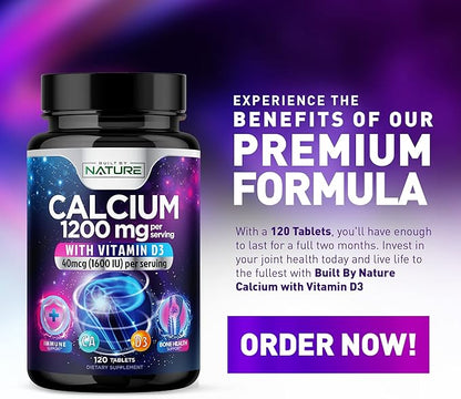 Calcium 1200mg with Vitamin D3 for Best Absorption - Advanced Bone Support Supplement, 1200 mg Calcium Carbonate & 1600 IU Vitamin D3, Slow Release for Immune Support, Easy to Swallow, 120 Tablets