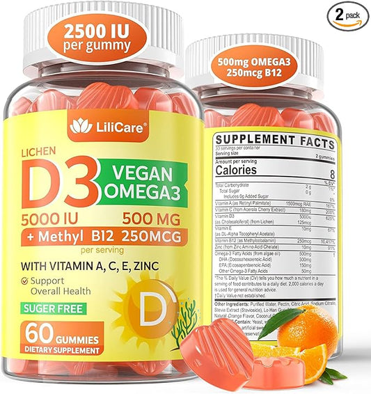 Sugar Free Vitamin D3 5000 IU Gummies + Methyl B12 Vitamins + Vegan Omega 3 Supplement - Made in USA - Organic Vitamin D Gummies for Women Men with Vitamin ACE & Zinc for Energy, Mood, Muscle & Immune