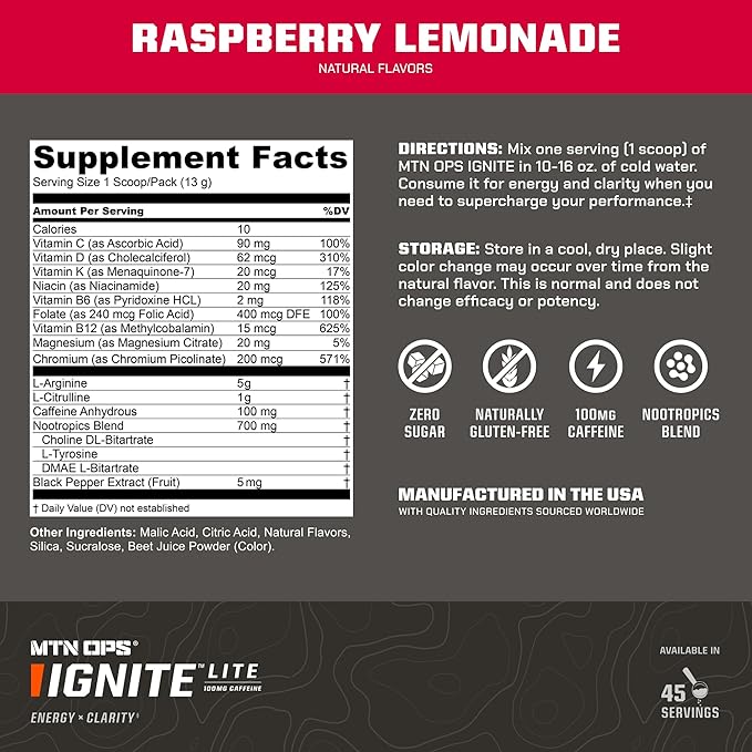 MTN OPS Ignite Lite Energy Drink Powder Gluten Free Nitric Oxide Supplement Drink Mix, L Arginine, L Citrulline, Caffeine & Nootropic Sugar Free Drink Mix, 45 Servings, Raspberry Lemonade