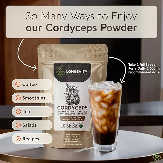 Longevity Botanicals Organic Cordyceps Mushroom Extract Powder 100g | Concentrated 10:1 Ratio | 100% Fruiting Bodies | Cordyceps Militaris Natural Supplement for Energy, Stamina & Respiratory Support