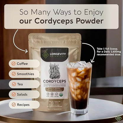 Longevity Botanicals Organic Cordyceps Mushroom Extract Powder 100g | Concentrated 10:1 Ratio | 100% Fruiting Bodies | Cordyceps Militaris Natural Supplement for Energy, Stamina & Respiratory Support