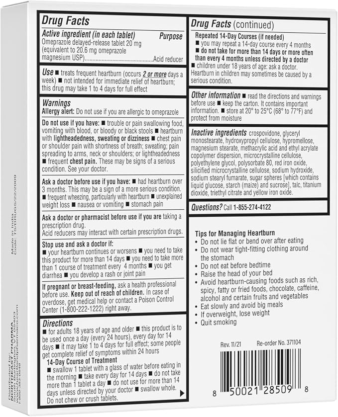 | Omeprazole 20mg | Heartburn Relief Medicine | Delayed Release Acid Reducer Tablet | Antacid Tablets for Acid Reflux | 42 Count | 5-Pack